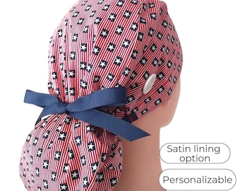 scrub cap for women ponytail, surgery hats, American flag