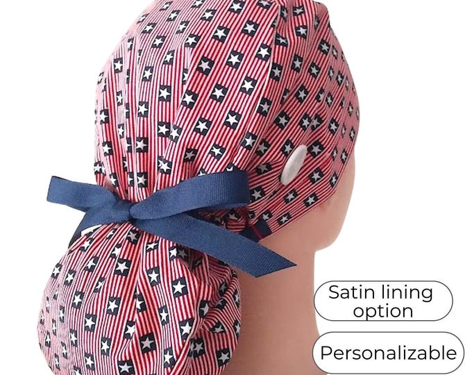 scrub cap for women ponytail, surgery hats, American flag