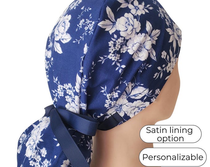 Blue Floral Ponytail Scrub Cap: Handmade Cotton with Satin Lining Option