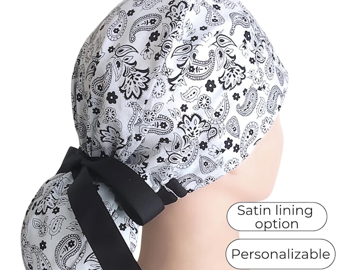 Paisley Ponytail Scrub Cap for Women - Floral Surgical Cap with Satin Lining Option -