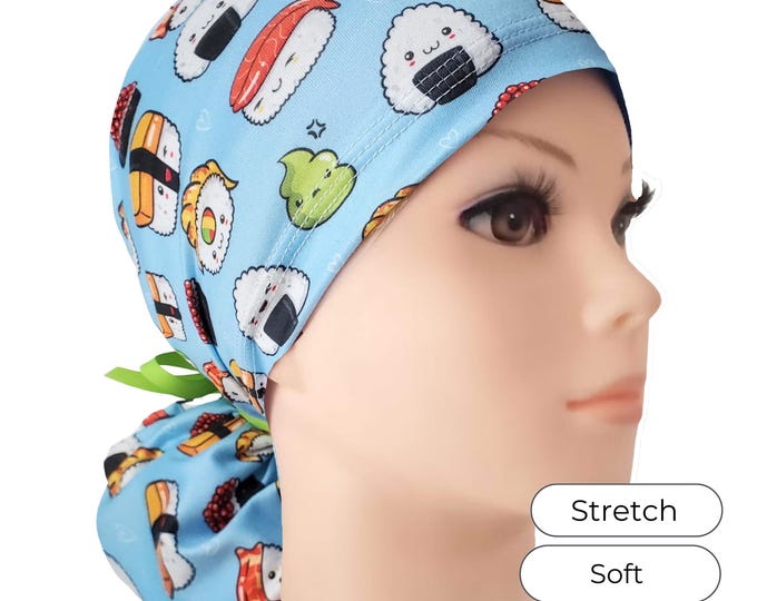 Stretch Ponytail Scrub Cap Blue Sushi Print Adjustable Scrub Hat Medical Hair Cover