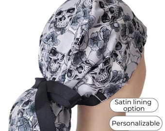 Scrub Cap Ponytail - Skull - Surgical Cap Halloween - with Satin Lining option - FifthCraftyStreet