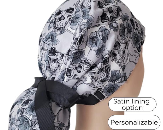 Scrub Cap Ponytail - Skull - Surgical Cap Halloween - with Satin Lining option - FifthCraftyStreet