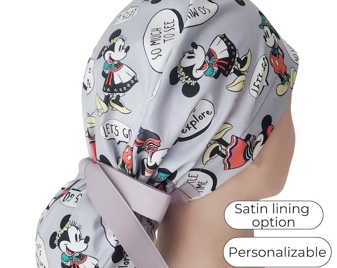 Cartoon Characters  - Ponytail Scrub Cap for Women - Surgical Cap Satin Lined Option - FifthCraftyStreet