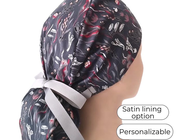 Ponytail Scrub Cap for Women - Surgical Cap - Satin Lined Option - Floral grey - FifthCraftyStreet