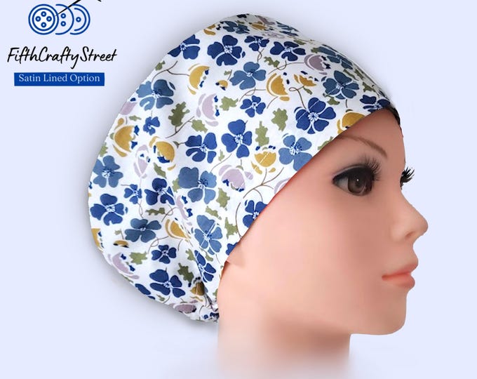 Euro Scrub Cap - Floral blue - Adjustable - Satin Lined option - FifthCraftyStreet