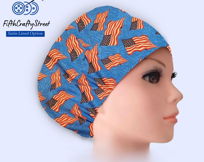 Euro Scrub Cap - Adjustable by toggle - Satin Lining option - American Flag - FifthCraftyStreet