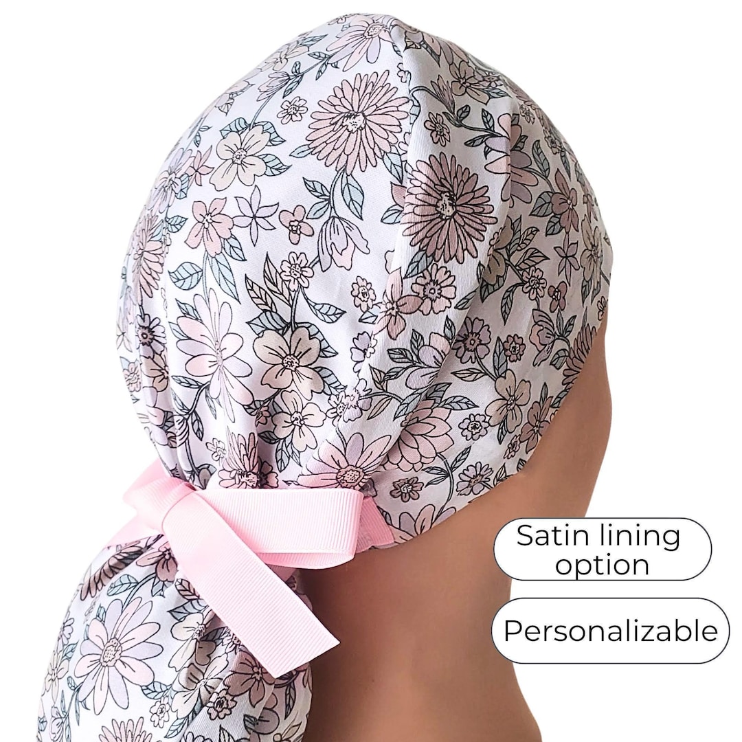 Light Pink Floral Ponytail Scrub Cap Satin Lined Surgical Hat for Women ...