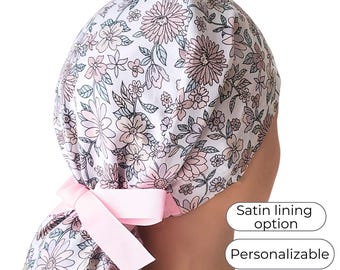 Light Pink Floral Ponytail Scrub Cap Satin Lined Surgical Hat for Women