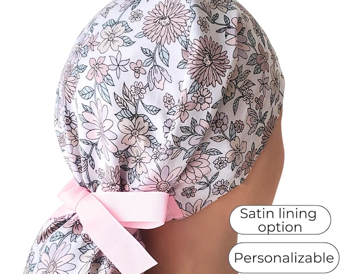 Light Pink Floral Ponytail Scrub Cap Satin Lined Surgical Hat for Women