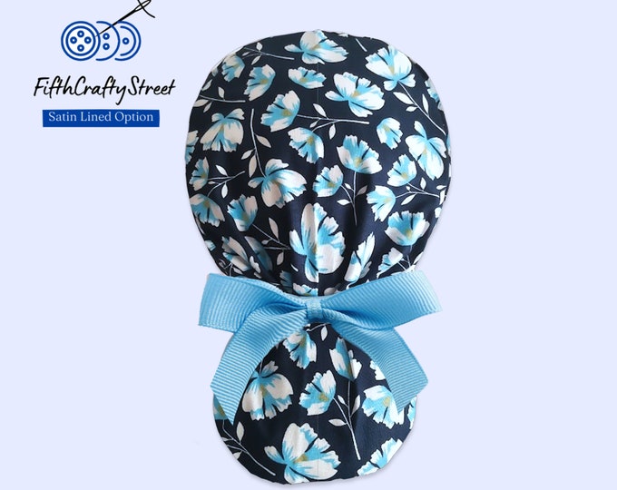 Navy Ponytail Scrub Cap for Women - Floral Surgical Cap with Ponytail Holder - FifthCraftyStreet