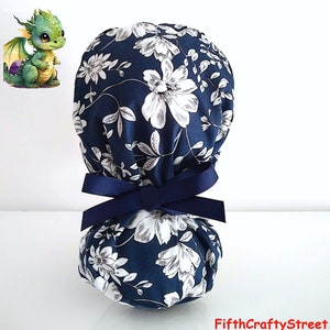 Navy/Black/Maroon Ponytail Scrub Cap for Women - Floral Surgical Cap with Ponytail Holder