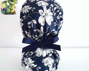 Navy/Black/Maroon Ponytail Scrub Cap for Women - Floral Surgical Cap with Ponytail Holder