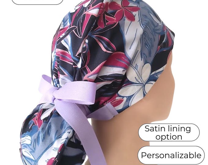 Ponytail Scrub Cap with Satin Lining Option: Tropical Purple Floral on Black