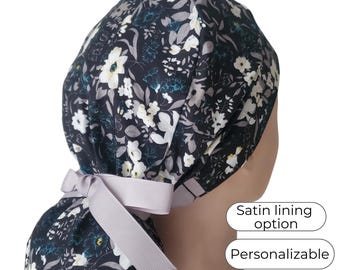 Black Floral Ponytail Scrub Cap Satin Lined Option Personalizable Surgical Hat for Women