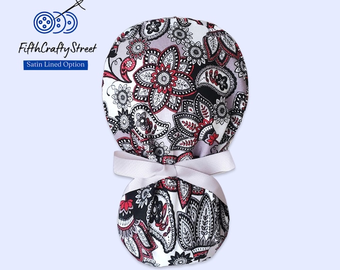 Ponytail Scrub Cap - Surgical Cap - Satin Lining Option - Bali print - FifthCraftyStreet