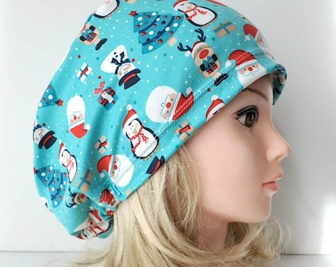 stretchy scrub cup, surgical euro hat, Snowman Santa Claus Christmas - FifthCraftyStreet
