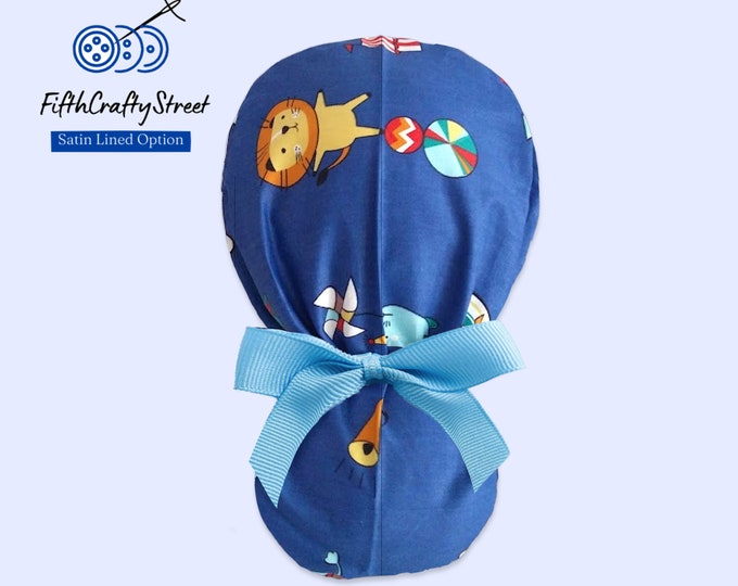 Circus Numbers Ponytail Scrub Cap for Women - cute Surgical Cap - Satin Lined option - FifthCraftyStreet