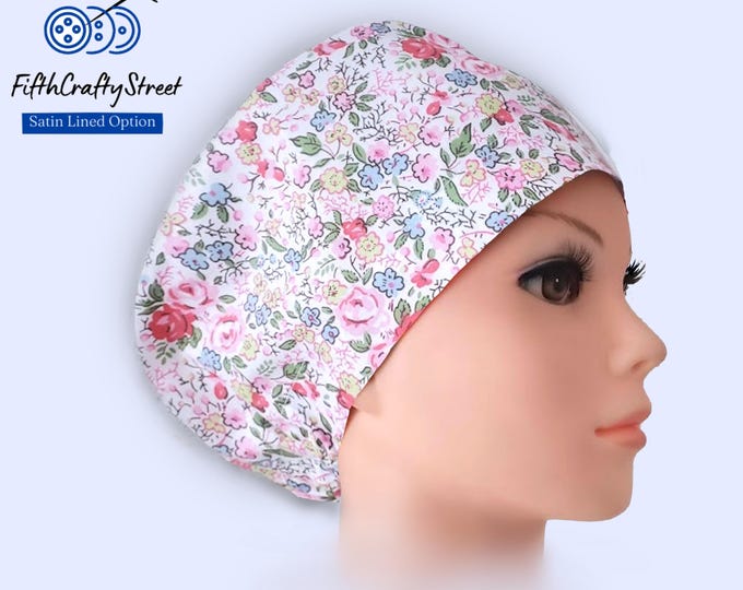 Floral Euro Scrub Caps for Women - Adjustable - Satin Lining option - FifthCraftyStreet