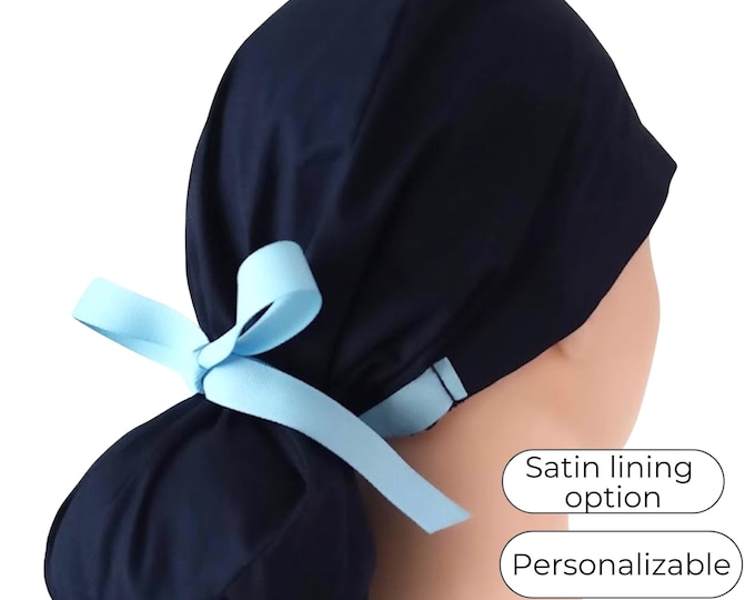 Navy Solid Ponytail Scrub Cap for Women - Surgical Cap with Satin Lined option - FifthCraftyStreet