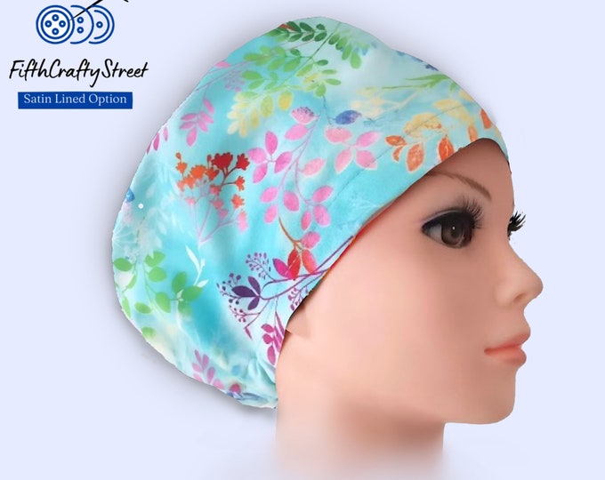 Floral Spring - Euro Scrub Caps - Adjustable - Satin Lining option - FifthCraftyStreet