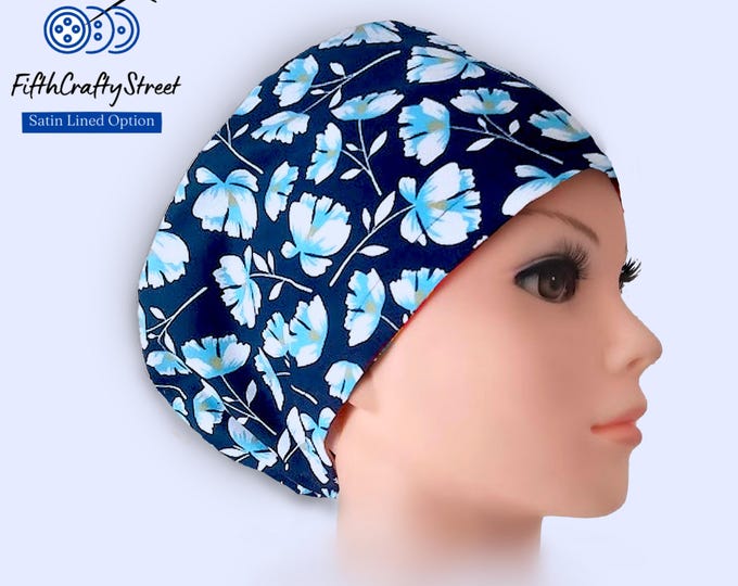 Euro Scrub Cap for Women  - Adjustable - Satin Lined Scrub Cap - Floral - FifthCraftyStreet