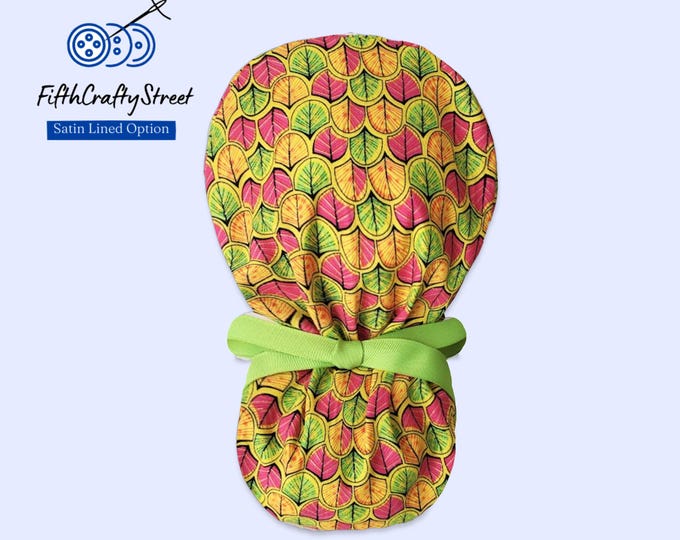 Ponytail Scrub Cap - African Sunset Geo Leaf - Surgical Cap - Silky Satin Lining Option - FifthCraftyStreet