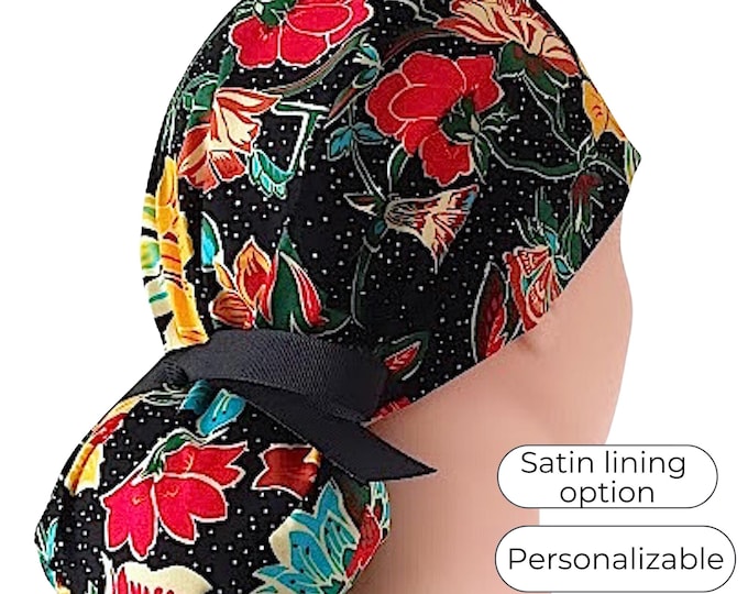 Floral Ponytail Scrub Cap for Women - Surgical Cap with Satin Lining Option - FifthCraftyStreet