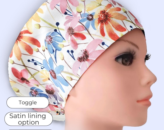 Multicolor Floral Euro Scrub Cap Satin Lined Surgical Hat