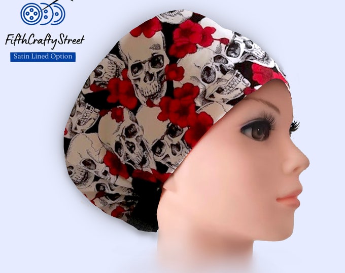 Euro Scrub Caps - Adjustable - Satin Lining option - Skeleton Skull - FifthCraftyStreet