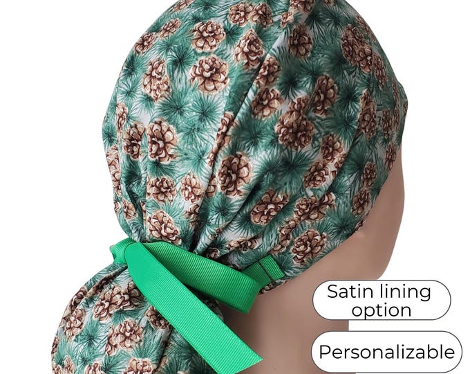 Surgical Cap Pinecone with Buttons Silky Satin Lined Option - FifthCraftyStreet