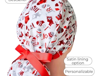 Stocking Christmas Ponytail Scrub Cap Satin Lined Option Nurse Hat