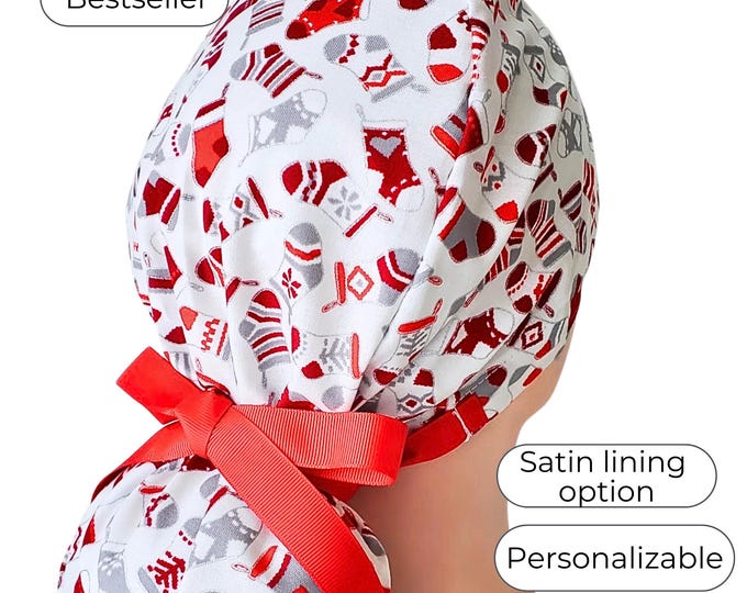 Stocking Christmas Ponytail Scrub Cap Satin Lined Option Nurse Hat