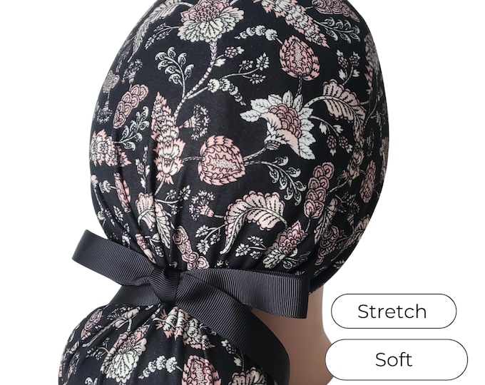 Stretch Ponytail Scrub Cap: black floral print adjustable medical hat