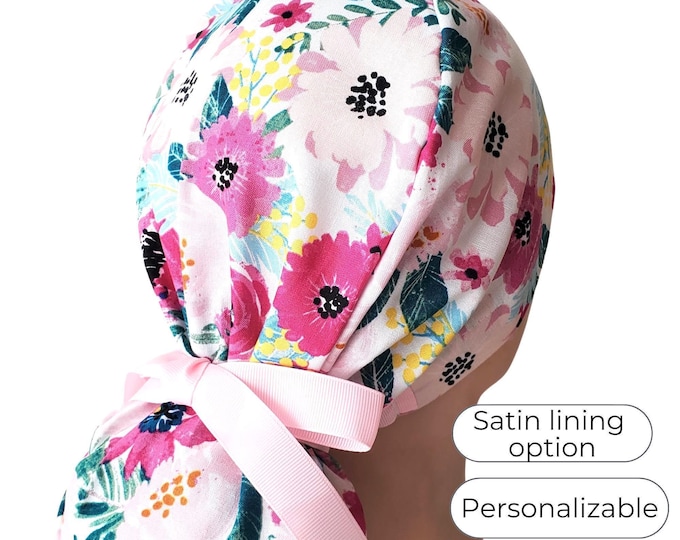 Ponytail Surgical Scrub Hat Satin Lined Personalized : Pink Floral