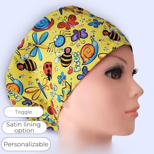 Yellow Bug Print Euro Scrub Cap Satin Lined options Surgical Hat for Women