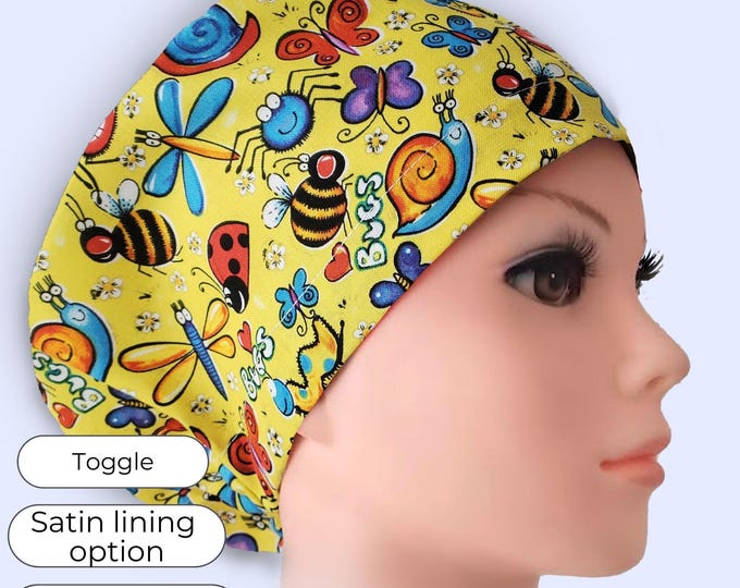 Yellow Bug Print Euro Scrub Cap Satin Lined options Surgical Hat for Women