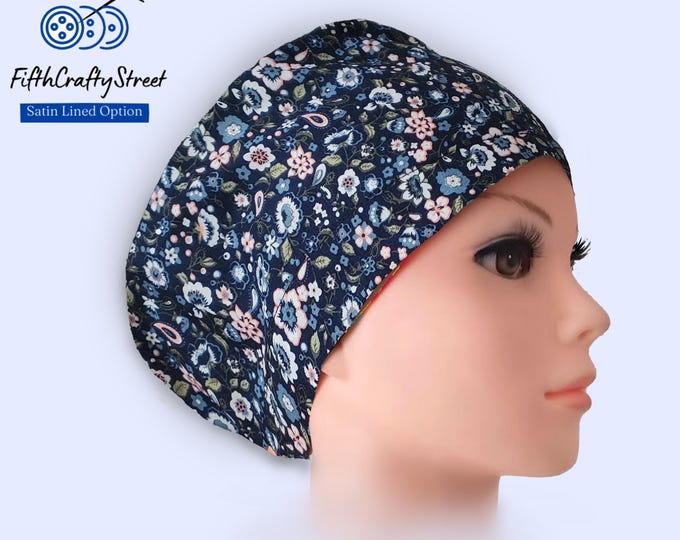 Euro Style Scrub Cap - Adjustable - Satin Lining option - Wildflowers -