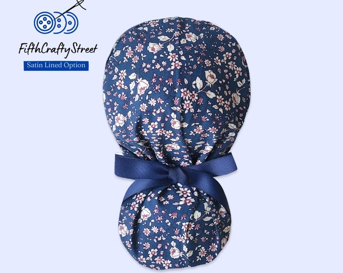 Ponytail Scrub Cap - Surgical Cap - Blue Floral - Lightweight Cotton - Silky Satin Lined Option - FifthCraftyStreet