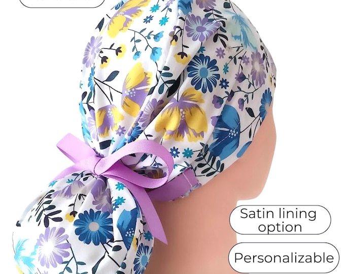 Satin Lined Personalized Scrub Hat for Women : Yellow Blue Floral