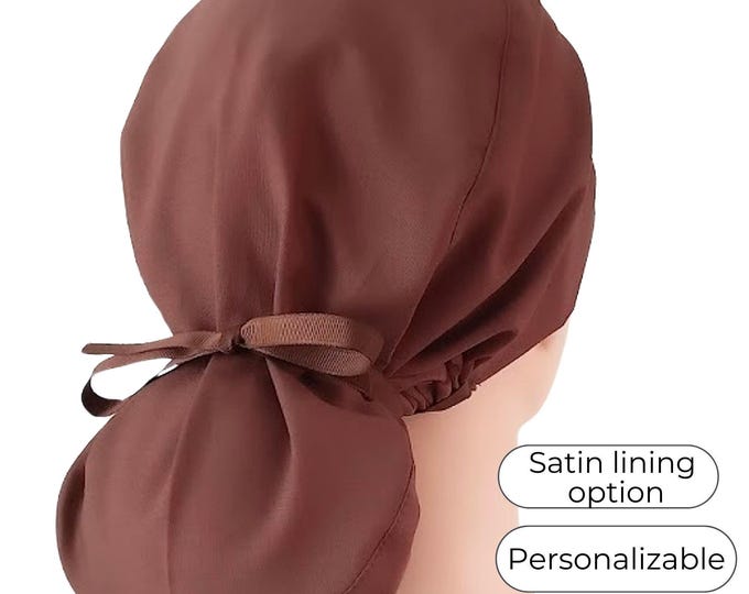 Scrub Cap Ponytail Style with Satin Lining Option: Solid Brown
