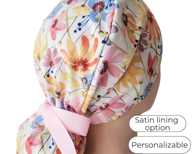 Bright Floral Ponytail Scrub Cap Satin Lined Surgical Hat