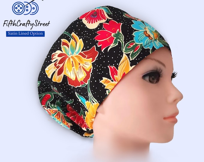 Euro Scrub Caps - Adjustable - Satin Lined option - Multicolor Floral Black - FifthCraftyStreet