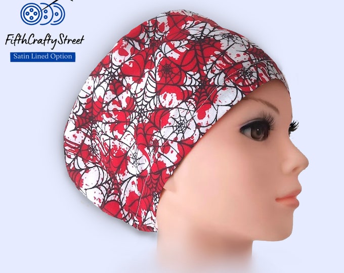 Halloween - Bloody Spider Web - Euro Scrub Caps - Adjustable - Satin Lining option - FifthCraftyStreet