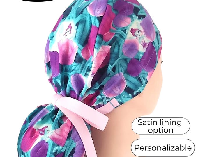 Tulips Glow in the Dark Scrub Caps Ponytail - Satin Lining option -