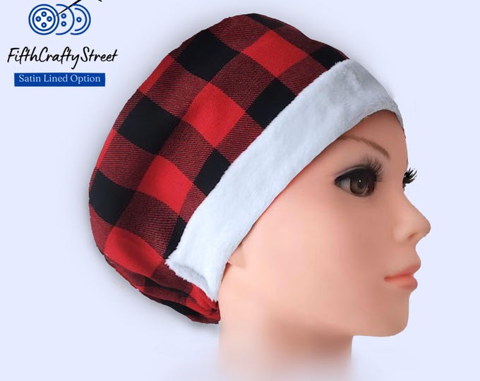Christmas Euro Scrub Cap in a red and black buffalo plaid flannel with fluffy white band Santa-inspired look, Satin lined option