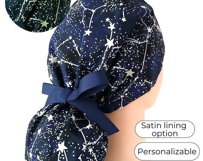 scrub hats ponytail, Constellation, Glow-in-the Dark,  scrub cap with buttons, Satin Lining option - FifthCraftyStreet