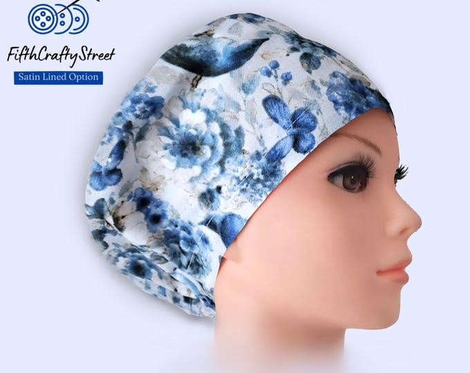 Euro Scrub Caps - Adjustable - Satin Lining option - Bird on Blue - FifthCraftyStreet
