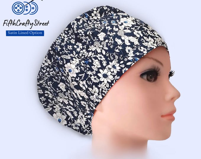 Floral Navy Euro Scrub Cap: Satin Lined Adjustable Cotton Surgical Hat