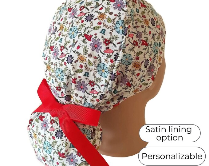 Mushroom Floral Ponytail Scrub Cap for Women with Satin Lining Option
